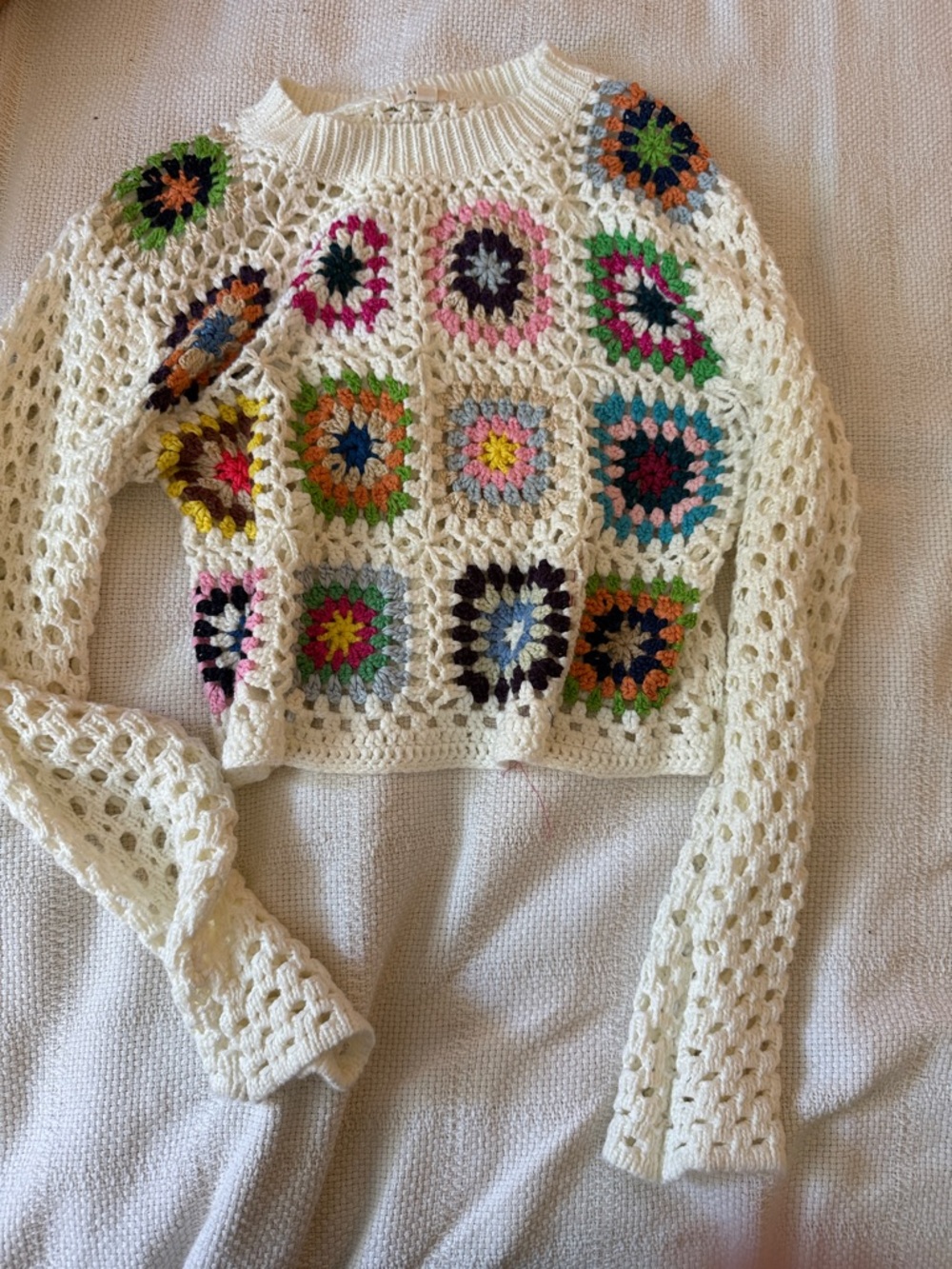 Debut Crochet Granny Square Sweater in Cream with Multicolor Squares